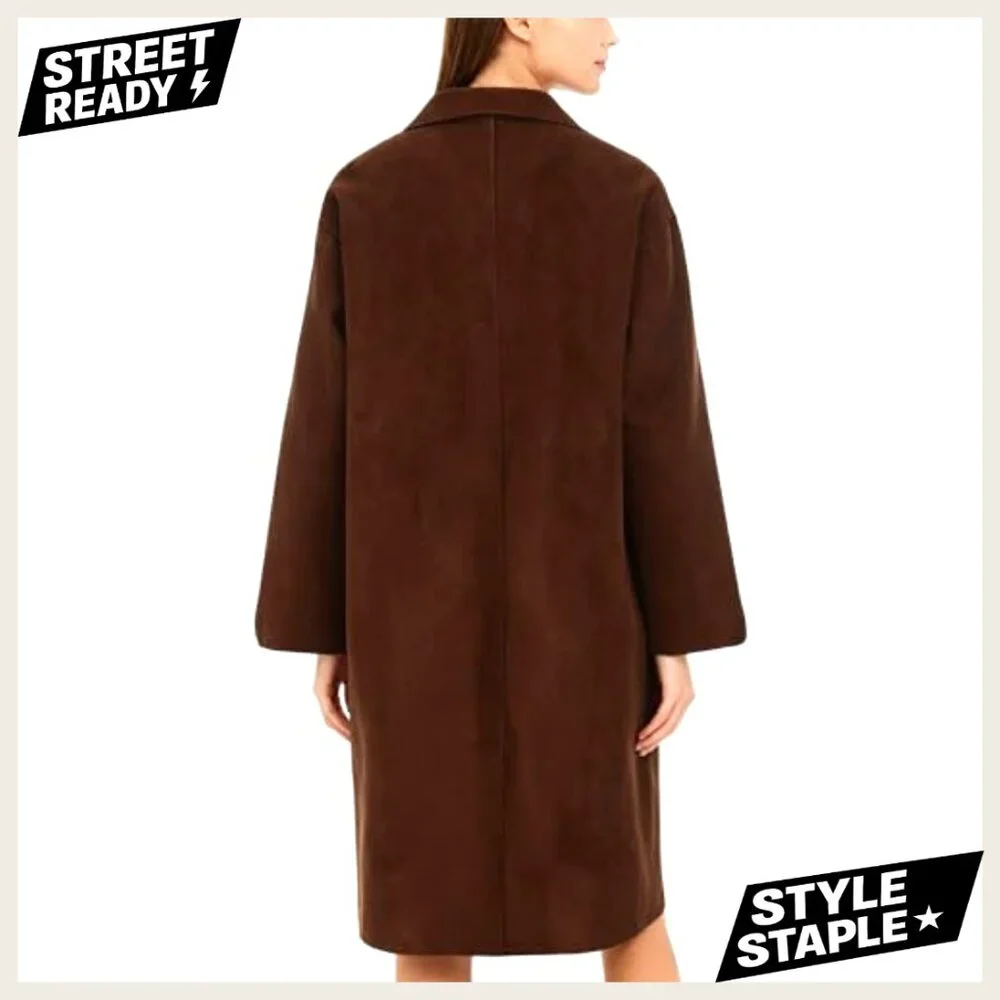 Long Wool Pea Coat Double Breasted Notched Lapel Trench Coat - Picture 2 of 7